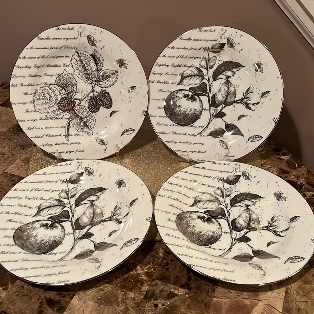 Pottery Barn Silver Fruit Tea Script Plates